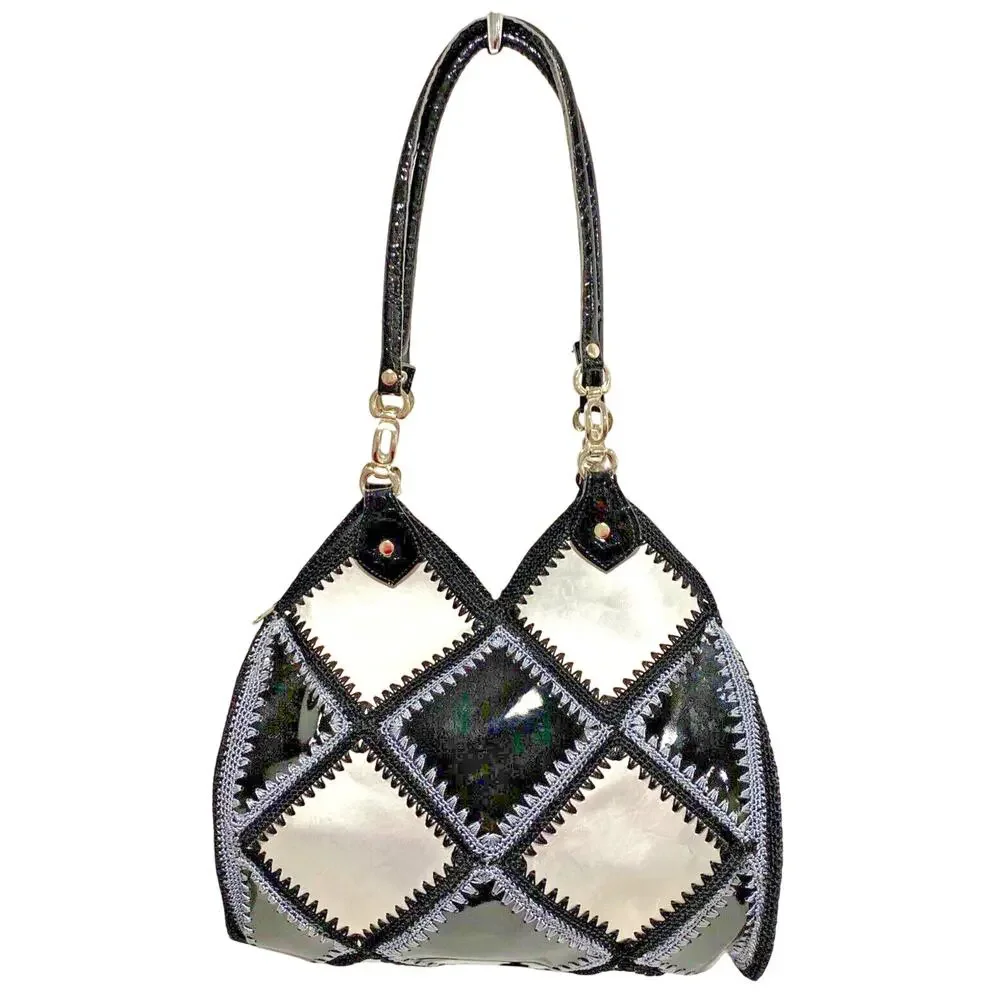 Granny Chic Crochet & Patent Shoulder Bag Purse Black Silvery Gray Vintage Chic